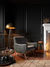 Classic Black Interior With Armchair, Fireplace, Candle, Coffee Table, Floor Lamp, Carpet. 3d Render Illustration Mock Up.