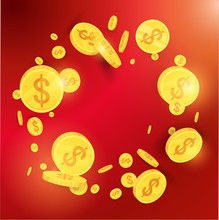 Spinning Flying Gold Coins On Red Background.