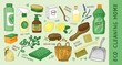 © Татьяна Листратова - Set of decorative elements for ecological house. Home cleaning service with nature friendly substances. Green house. Natural non-toxic items for posters and promotional materials. Vector illustration.