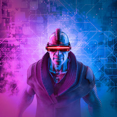 Wall Mural - cyberpunk mohawk man / 3d illustration of male science fiction character wearing futuristic glasses 