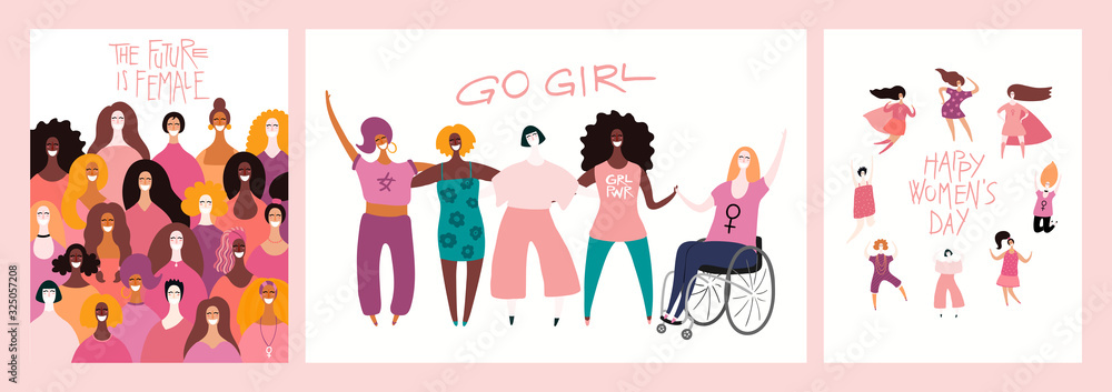 Set of womens day card, banner designs with beautiful diverse women and quotes. Hand drawn vector illustration. Flat style. Concept, element for feminism, girl power. Female cartoon characters. - obrazy, fototapety, plakaty 