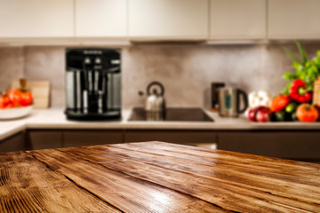 Wall Mural - table background of free space and kitchen interior