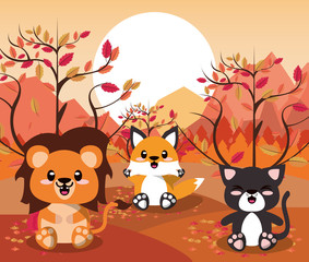 Poster - cute animals group in landscape scene