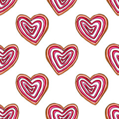 Wall Mural - Happy Valentine's Day seamless pattern background. Set hearts of love cookies. Watercolor card.