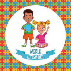 Wall Mural - world autism day kids couple with puzzle pieces