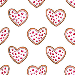 Wall Mural - Happy Valentine's Day seamless pattern background. Set hearts of love cookies. Watercolor card.