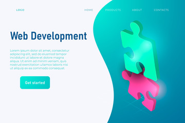 Web development website header template in light green tones, 3d puzzles illustration.