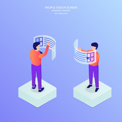 Wall Mural - people access data information with hologram touch screen graph and chart with isometric flat style