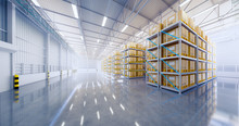 Warehouse Or Industry Building Interior. Known As Distribution Center, Retail Warehouse. Part Of Storage And Shipping System. Included Box Package On Shelf, Empty Space And Concrete Floor. 3d Render.