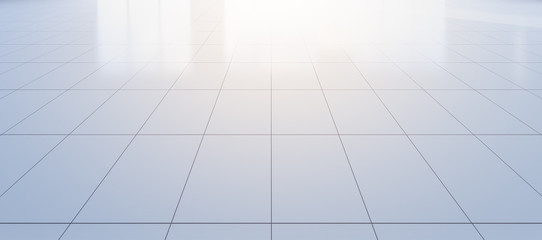 White tile floor background in perspective view. Clean, shiny and symmetry with grid line texture. For decor bathroom, kitchen and laundry room. And empty or copy space for product display. 3d render.