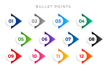 stylish arrow bullet points numbers from one to twelve