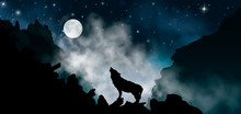 Silhouette Of The Wolf Howling At The Moon At Night In Front Of The Mountains Inside The Mist Clouds. Vector Illustration Of The Rock Landscape.