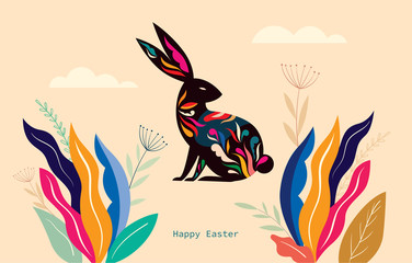 Wall Mural - Colorful illustration with hare. Happy easter greeting card with decorative easter bunny