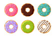 Cartoon colorful tasty donut set isolated on white background. Glazed doughnuts top view collection for cafe decoration or menu design. Vector flat illustration