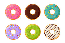 Cartoon Colorful Tasty Donut Set Isolated On White Background. Glazed Doughnuts Top View Collection For Cafe Decoration Or Menu Design. Vector Flat Illustration