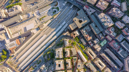 Genoa, Italy. Central part of the city. Station - Genova Piazza Principe, Aerial View, HEAD OVER SHOT