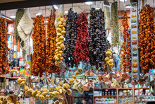 Traditional Dry Seasoning Vegetables Hang In A Market In Istanbul In Turkey