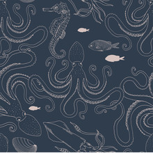 Octopus Squid Sea Horse Sketchy Vector Seamless Pattern. Underwater Creatures Dark Blue Inky Linear Illustration Backdrop. Elegant Ocean Animals Surface Textile, Wallpaper Design