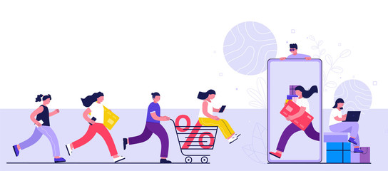 Online shopping concept, consumerism and people. Young people women and men make purchases using a smartphone, laptop. Landing page template.