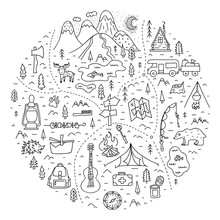Camping. A Hand-drawn Map In Outline Style With Basic Symbols And Places To Travel For The Weekend. Linear Doodle Illustration. Camping In The Forest And Outdoor Recreation. Vector.