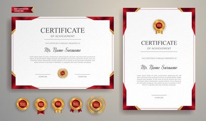 red and gold certificate of achievement border template with luxury badge and modern line pattern. f