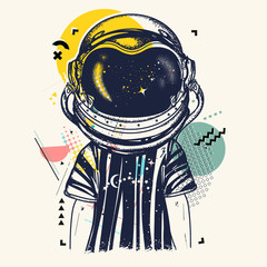 boy in astronaut helmet. zine culture style. fashion contemporary collage. symbol of imagination, ed