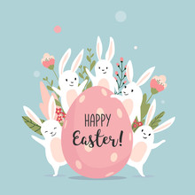 Easter Card With Cute Bunnies And Text, Hand Drawn Vector Illustration.