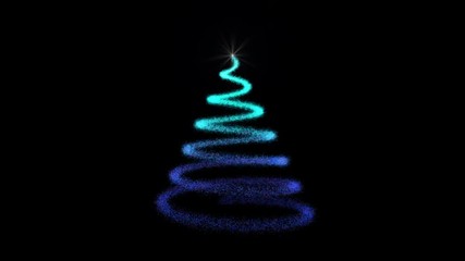 Wall Mural - Glitter trails Christmas tree on black background with alpha channel, luma matte. Abstract cyan and blue spiral form of spruce with a bright star on top