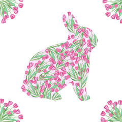 A watercolor pink Easter Bunny with tulips