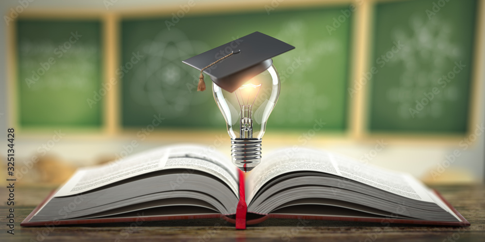 Education, learning on school and university or idea concept. Open book with light bulb and graduation cap on classroom blackboard background. - obrazy, fototapety, plakaty 