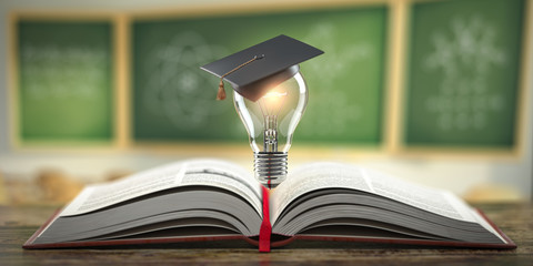 Education, learning on school and university or idea concept. Open book with light bulb and graduation cap on classroom blackboard background.