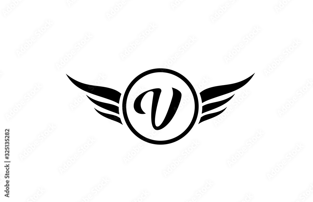 black and white V wing wings alphabet letter logo icon with circle for ...