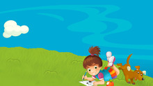 Cartoon Farm Ranch With Meadow With Girl With Space For Text Illustration
