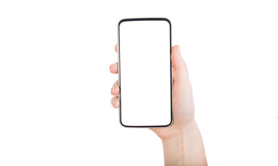 woman hand holding smartphone with white screen and background