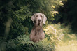 weimaraner dog portrait in the forest, close up