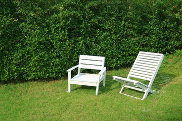 Two empty white colored wooden chairs in the sunshine garden