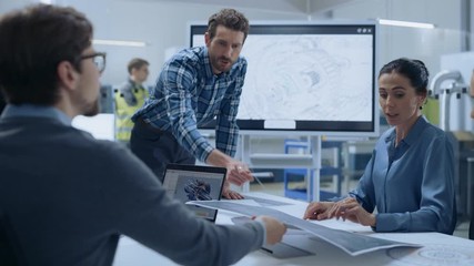 Poster - Modern Factory Office Meeting Room: Diverse Team of Engineers, Managers and Investors Talking at Conference Table, Use Interactive TV, Analyze Sustainable Energy Engine Blueprints. High-Tech Facility