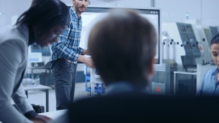 Poster - Modern Factory Office Meeting Room: Busy Diverse Team of Engineers, Managers and Investors Talking at Conference Table, Use Interactive TV, Analyze, Find Solutions, Discuss Concepts. Slow Motion