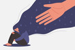 © ST.art - human hand helps sad young girl in depression sitting and hugging knees with flying hair, sorrow, mental health concept, cartoon female character vector flat illustration