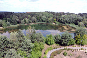 A view of a lake in a forest, blue sky and white clouds reflection on water