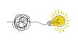 Idea doodle concept. Confuse to simplicity concept with messy hand drawn lines and light bulb. Vector clarity and thought process illustration for tangled way solution