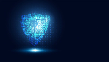 Abstract technology cyber security safe information privacy shield futuristic blue with binary digital data background.