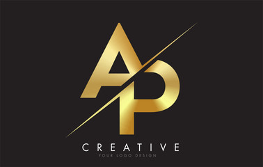 Wall Mural - AP A P Golden Letter Logo Design with a Creative Cut.