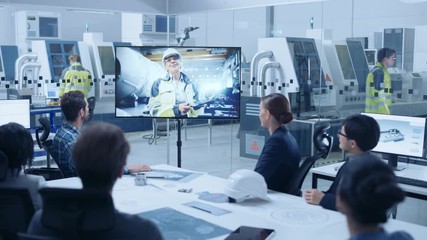 Poster - Diverse Group of Specialists, Managers in the Factory Office Meeting Room, Have Conference Video Call with Factory Chief Female Engineer, She Talks about Production Growth, Uses Tablet Computer