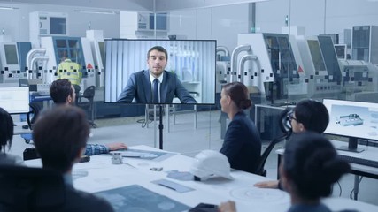Poster - Diverse Group of Specialists, Managers in the Factory Office Meeting Room, Have Conference Video Call with Top CEO Manager, They Talk and Find Solutions