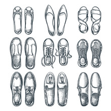 Female And Male Elegant Shoes Icons Set. Vector Hand Drawn Sketch Illustration. Fashion Footwear Collection