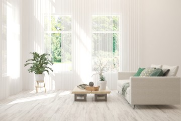 Minimalist living room in white color with sofa and summer landscape in window. Scandinavian interior design. 3D illustration