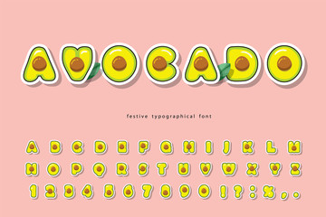 Wall Mural - Avocado summer trendy font. Cartoon paper cut out alphabet. Natural healthy food concept. Cute funny letters and numbers on pink. For poster, banner, T-shirt, brochure design. Vector