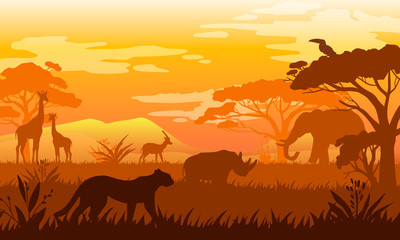 horizontal african landscape with tropical animals, trees and grass in warm colors. savannah view wi