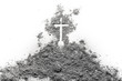 Golgotha hill on Good Friday with cross of and passion of Jesus Christ drawing made in ash, sand or dust as christian crucifixion calvary of God on before Easter or Ash Wedneday concept